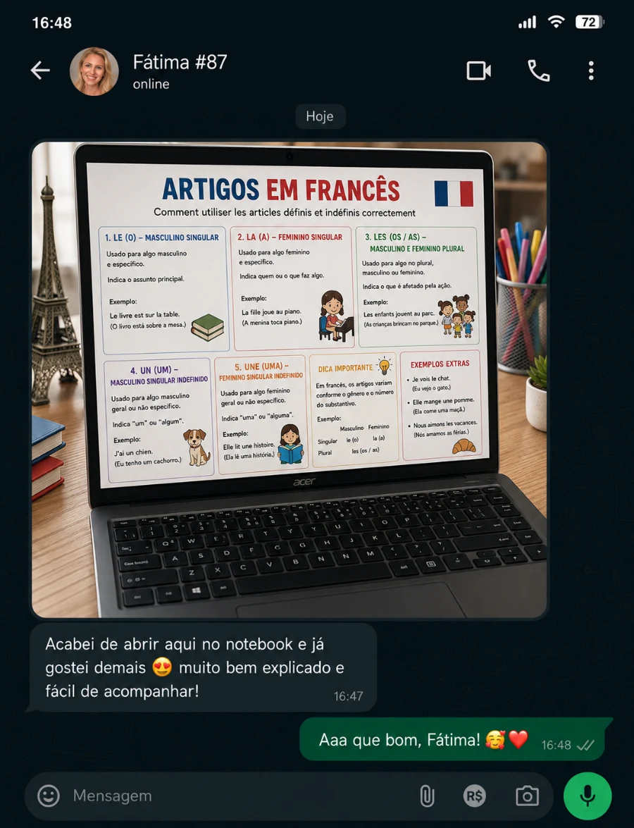 Aluna estudando o mapa de artigos em francês no notebook